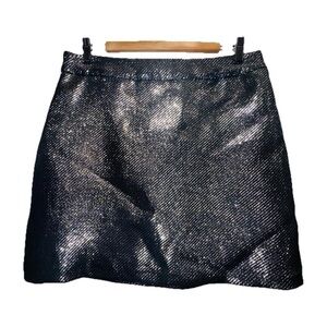 H&M Metallic Black Silver Geometric A-Line Mini Skirt Lined 10 Futuristic Artsy